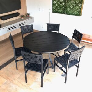 Conjunto Mesa Redonda 1,40m em Alumínio com 6 Cadeiras em Corda Náutica | Arezzo Decor®