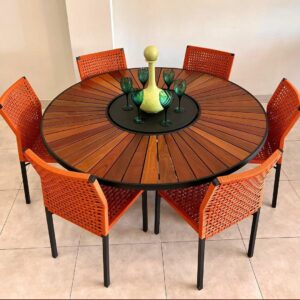 Conjunto Mesa Redonda 1,50m com Tampo em Madeira Cumaru, Prato Giratório e 6 Cadeiras em Corda Náutica | Arezzo Decor®