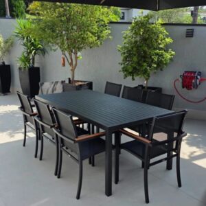 Conjunto Mesa Retangular 2,20 x 1,00m em Alumínio com 8 Cadeiras em Tela Sling | Arezzo Decor®