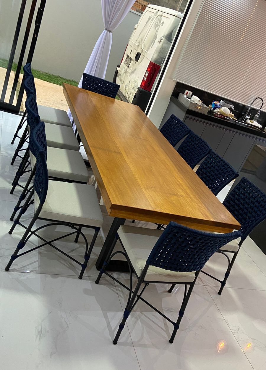 Conjunto Mesa Retangular 1,00 x 1,00m com Tampo de Madeira de Demolição e 4 Cadeiras em Corda Náutica | Arezzo Decor®