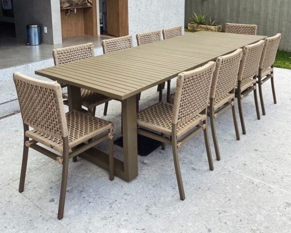 Conjunto Mesa Retangular 2,50 x 0,90m em Alumínio com 10 Cadeiras em Corda Náutica | Arezzo Decor®